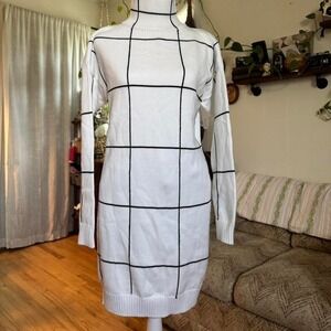 Chicwish White Black Windowpane Grid Turtleneck Knit Sweater Dress